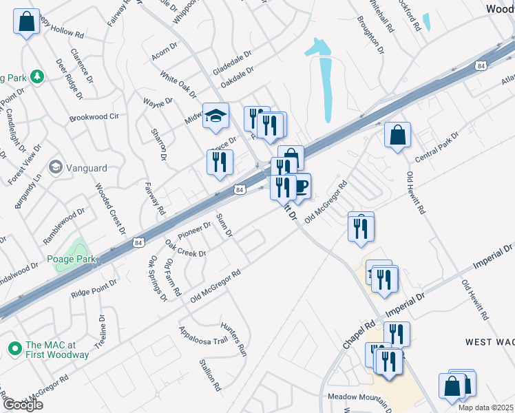 map of restaurants, bars, coffee shops, grocery stores, and more near 9100 Woodway Drive in Woodway