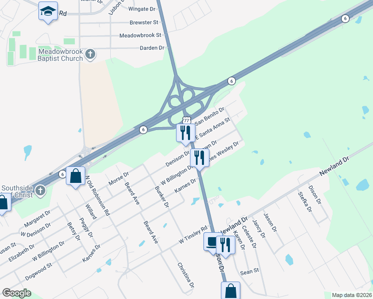 map of restaurants, bars, coffee shops, grocery stores, and more near 1000 North Robinson Drive in Robinson