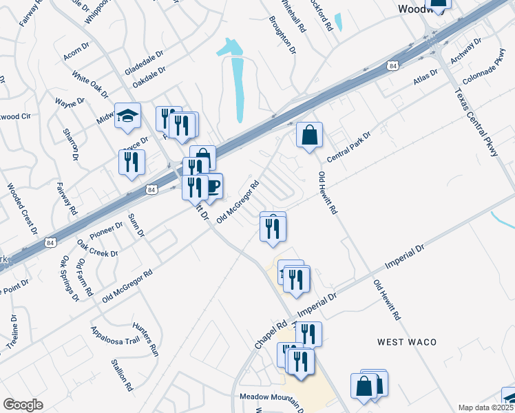 map of restaurants, bars, coffee shops, grocery stores, and more near 319 Mill Creek Road in Waco