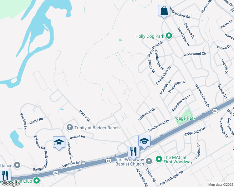 map of restaurants, bars, coffee shops, grocery stores, and more near 409 Riverview Drive in Woodway