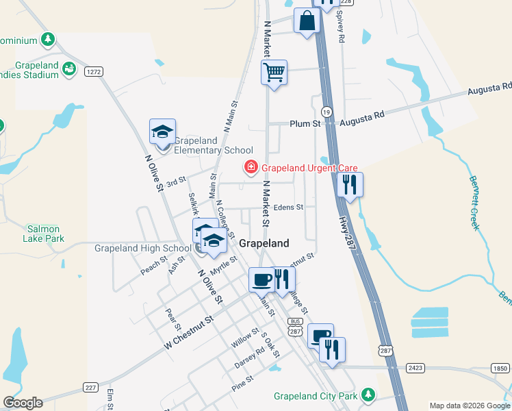 map of restaurants, bars, coffee shops, grocery stores, and more near 305 Edens Street in Grapeland