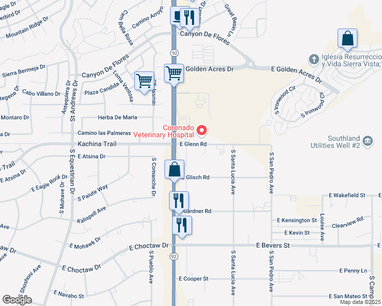 map of restaurants, bars, coffee shops, grocery stores, and more near 4106 East Glenn Road in Sierra Vista