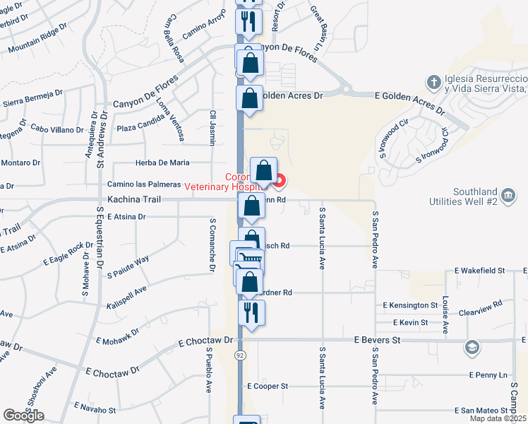 map of restaurants, bars, coffee shops, grocery stores, and more near 4106 East Glenn Road in Sierra Vista