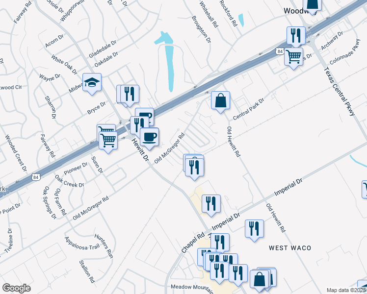 map of restaurants, bars, coffee shops, grocery stores, and more near 319 Mill Creek Road in Waco