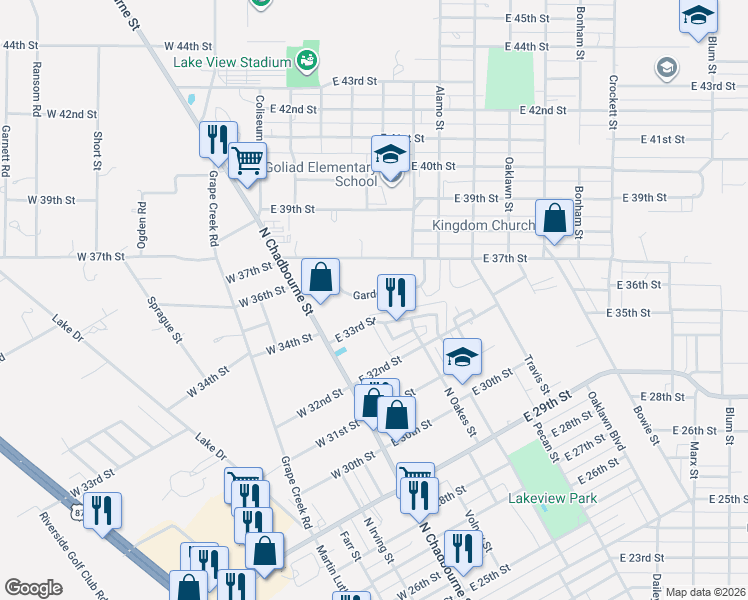 map of restaurants, bars, coffee shops, grocery stores, and more near 60 East 33rd Street in San Angelo