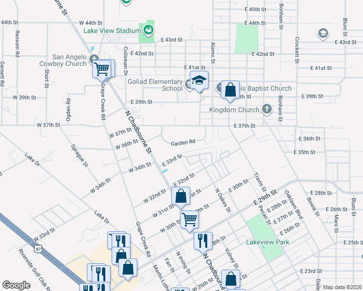 map of restaurants, bars, coffee shops, grocery stores, and more near 60 East 33rd Street in San Angelo