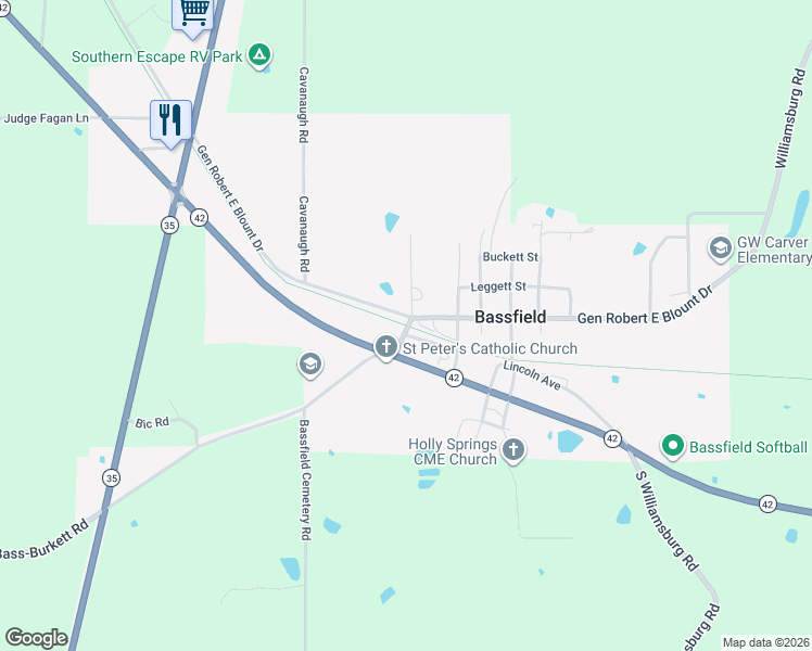 map of restaurants, bars, coffee shops, grocery stores, and more near Longleaf Trace in Bassfield