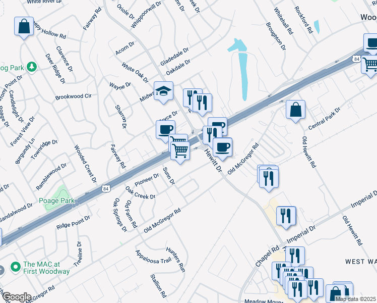 map of restaurants, bars, coffee shops, grocery stores, and more near 9100 Woodway Drive in Woodway