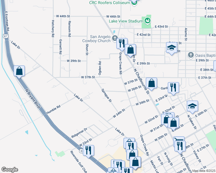 map of restaurants, bars, coffee shops, grocery stores, and more near 201-299 West 37th Street in San Angelo