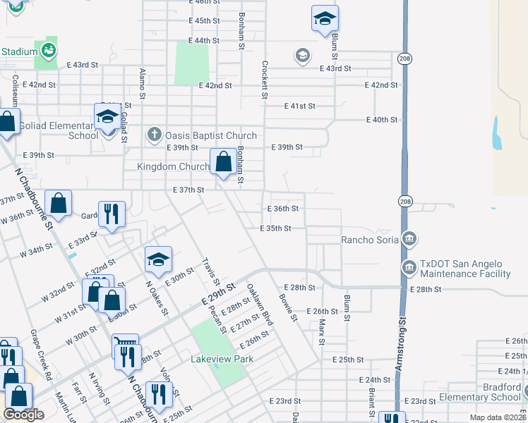 map of restaurants, bars, coffee shops, grocery stores, and more near 801-899 E 37th St in San Angelo