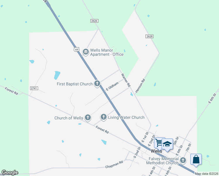 map of restaurants, bars, coffee shops, grocery stores, and more near 47 East Oldham in Wells