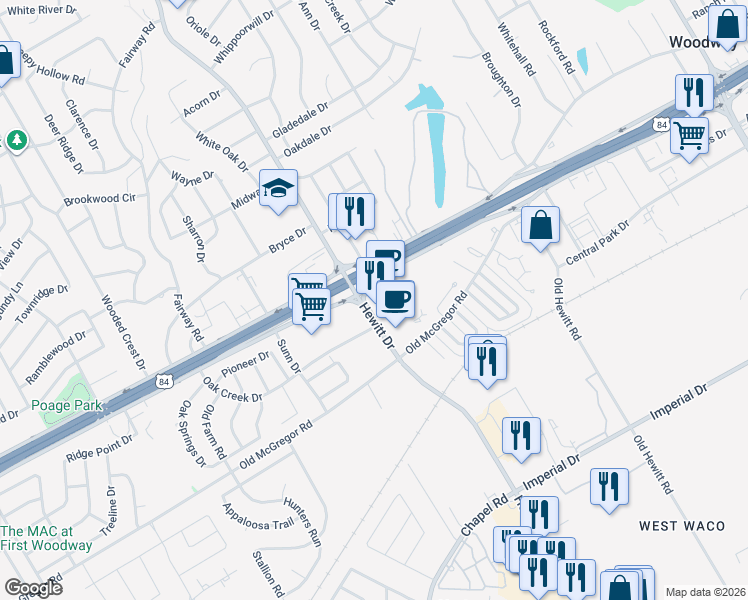 map of restaurants, bars, coffee shops, grocery stores, and more near 8900 U.S. 84 in Woodway