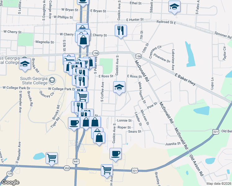 map of restaurants, bars, coffee shops, grocery stores, and more near 605 East College Park Drive in Douglas