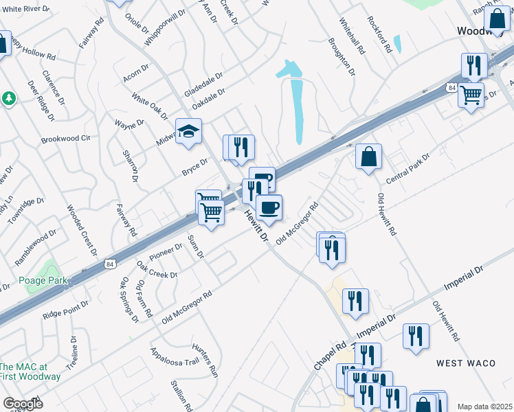 map of restaurants, bars, coffee shops, grocery stores, and more near 8900 U.S. 84 in Waco