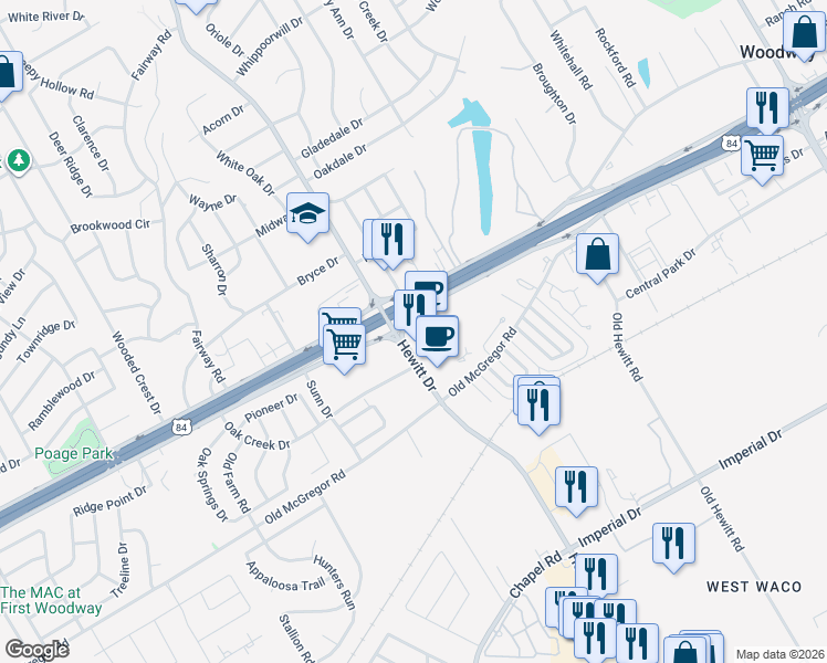 map of restaurants, bars, coffee shops, grocery stores, and more near 8900 U.S. 84 in Woodway
