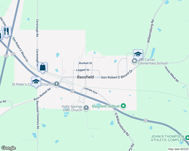 map of restaurants, bars, coffee shops, grocery stores, and more near Gen Robert E Blount Drive in Bassfield