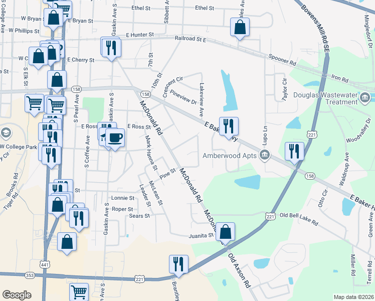 map of restaurants, bars, coffee shops, grocery stores, and more near 805 Holiday Circle in Douglas