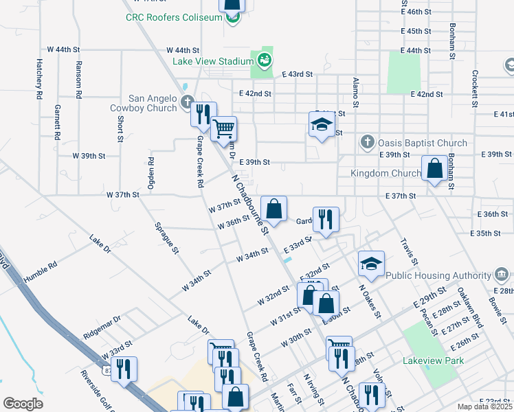 map of restaurants, bars, coffee shops, grocery stores, and more near 3608 North Chadbourne Street in San Angelo