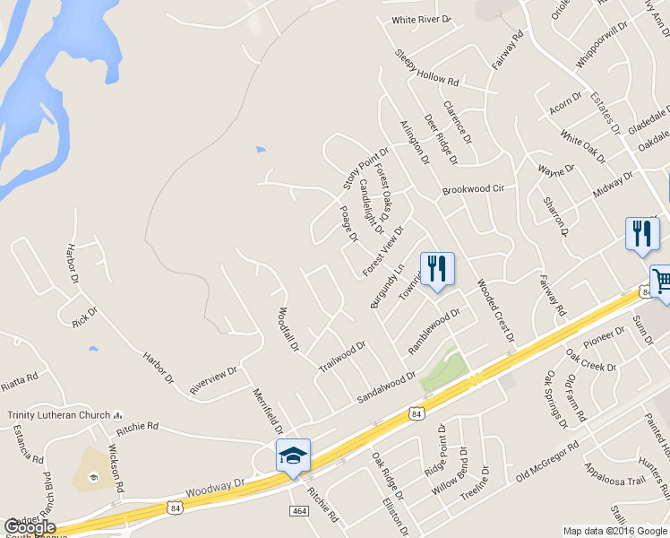 map of restaurants, bars, coffee shops, grocery stores, and more near 10009 Lost Oak Ridge Drive in Waco