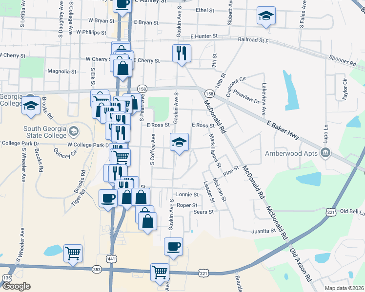 map of restaurants, bars, coffee shops, grocery stores, and more near 605 East College Park Drive in Douglas