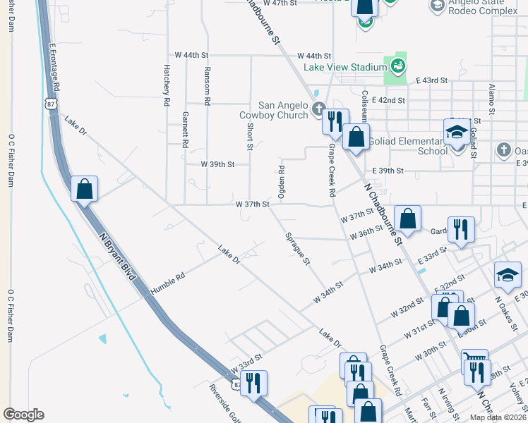 map of restaurants, bars, coffee shops, grocery stores, and more near 401-499 W 37th St in San Angelo