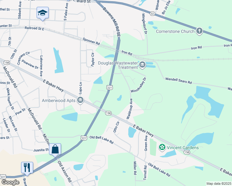 map of restaurants, bars, coffee shops, grocery stores, and more near 820 Bowens Mill Road Southeast in Douglas