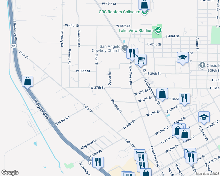map of restaurants, bars, coffee shops, grocery stores, and more near 299 W 37th St in San Angelo