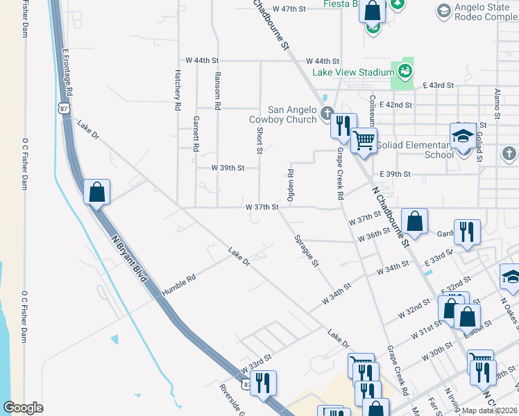 map of restaurants, bars, coffee shops, grocery stores, and more near 499 W 37th St in San Angelo