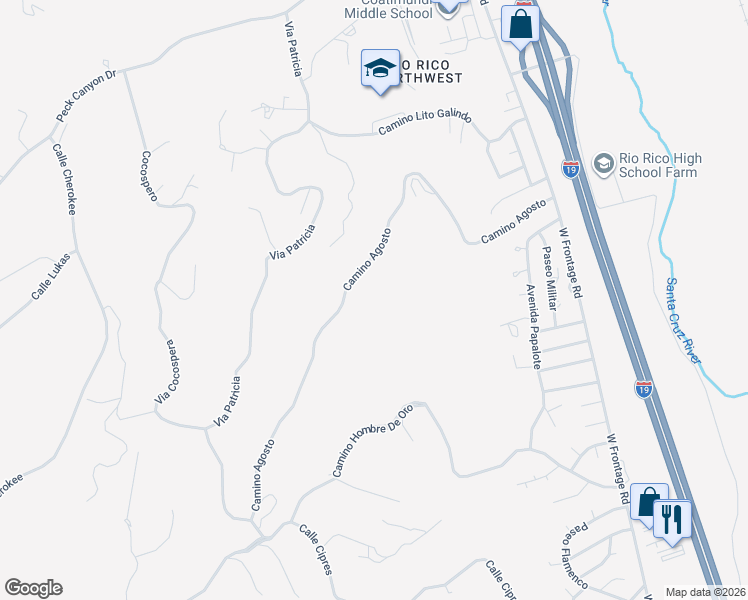 map of restaurants, bars, coffee shops, grocery stores, and more near 487 Camino Agosto in Rio Rico