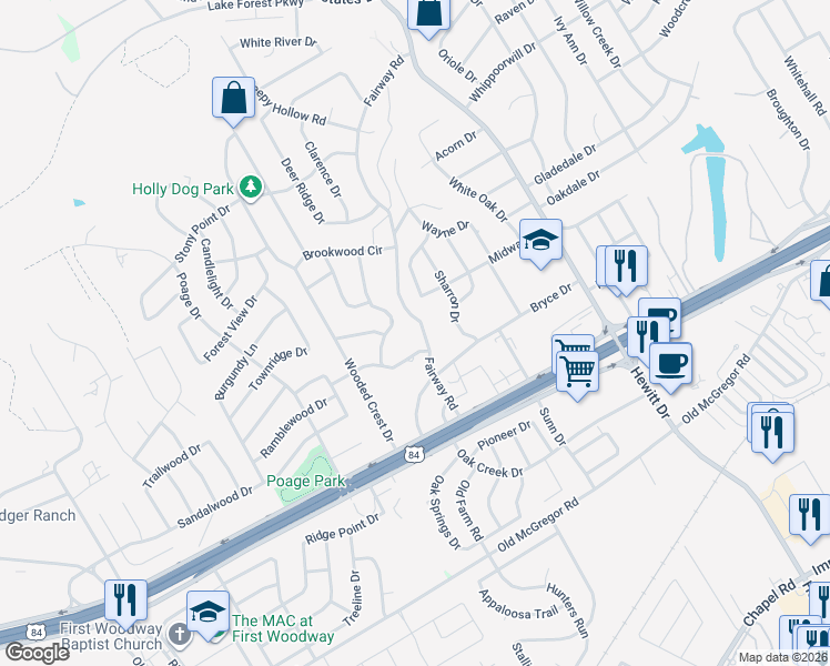 map of restaurants, bars, coffee shops, grocery stores, and more near 324 Fairway Road in Waco