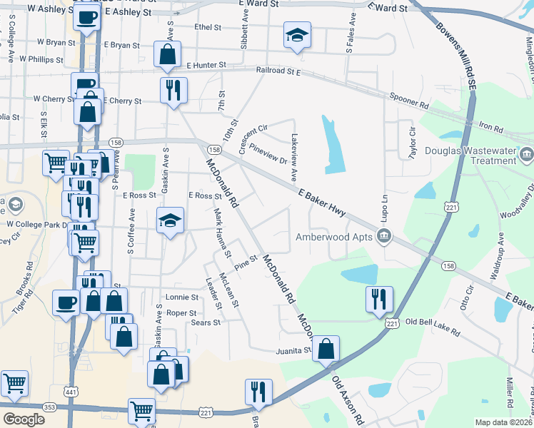 map of restaurants, bars, coffee shops, grocery stores, and more near 805 Holiday Circle in Douglas