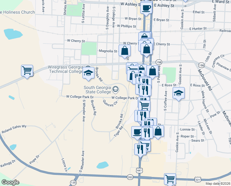 map of restaurants, bars, coffee shops, grocery stores, and more near 100 West College Park Drive in Douglas