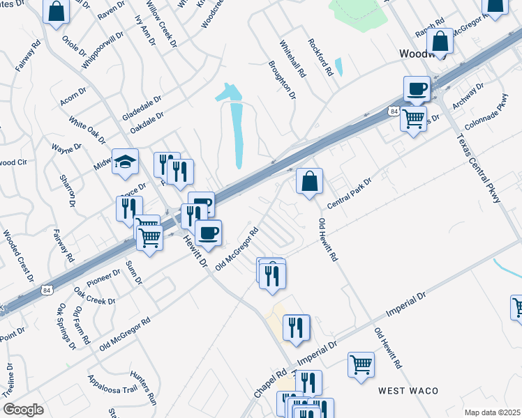 map of restaurants, bars, coffee shops, grocery stores, and more near 200 Landsborough Drive in Waco