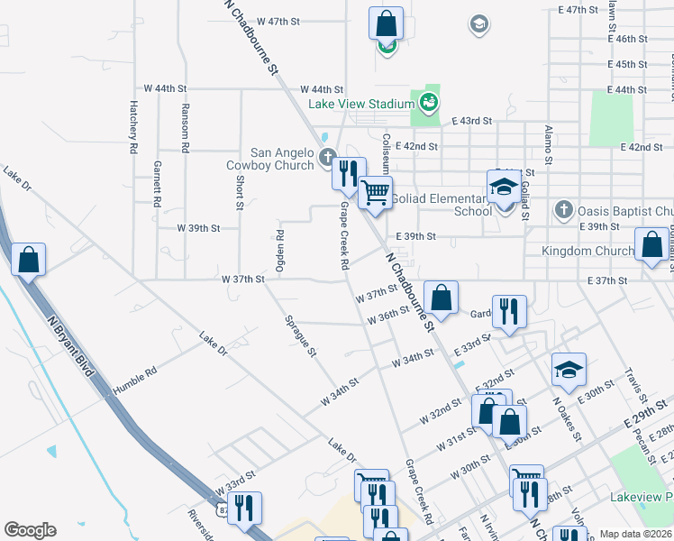 map of restaurants, bars, coffee shops, grocery stores, and more near 3749-3999 Grape Creek Rd in San Angelo