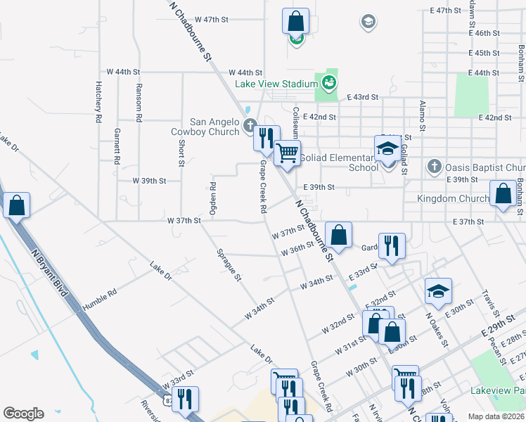 map of restaurants, bars, coffee shops, grocery stores, and more near 3749-3999 Grape Creek Rd in San Angelo