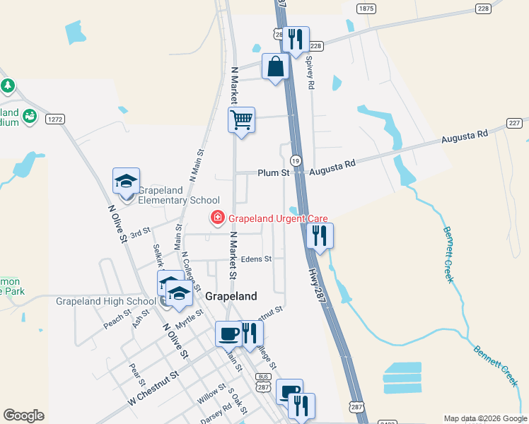 map of restaurants, bars, coffee shops, grocery stores, and more near 511 Church Street in Grapeland