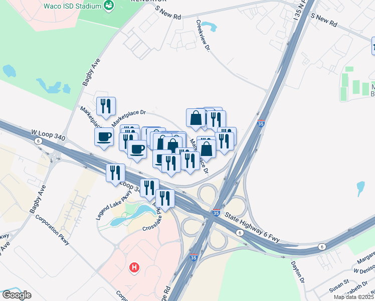 map of restaurants, bars, coffee shops, grocery stores, and more near 2708 West Loop 340 in Waco