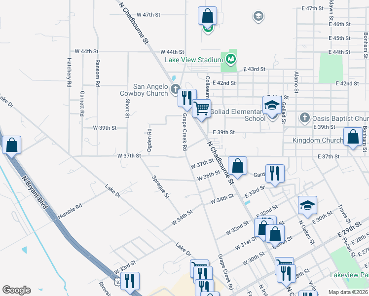 map of restaurants, bars, coffee shops, grocery stores, and more near 3749-3999 Grape Creek Rd in San Angelo