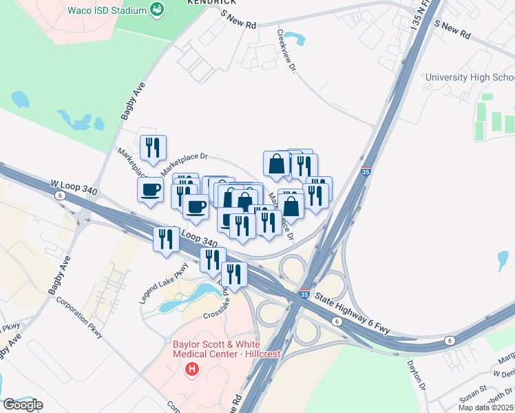 map of restaurants, bars, coffee shops, grocery stores, and more near 2708 West Loop 340 in Waco