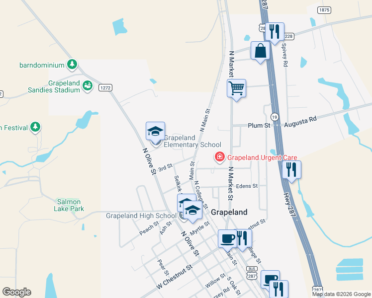 map of restaurants, bars, coffee shops, grocery stores, and more near 608 Sandy Lane in Grapeland