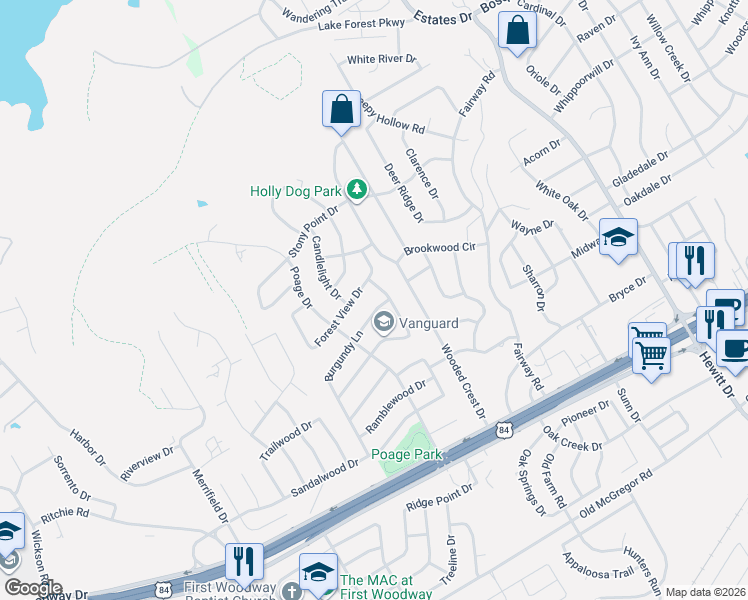 map of restaurants, bars, coffee shops, grocery stores, and more near 9914 Forest View Drive in Waco