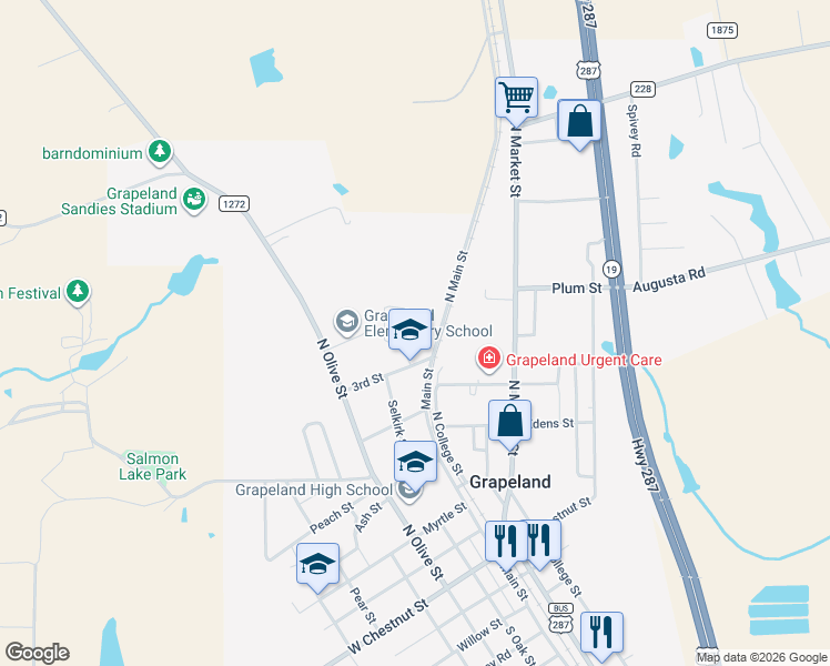 map of restaurants, bars, coffee shops, grocery stores, and more near 608 Sandy Lane in Grapeland