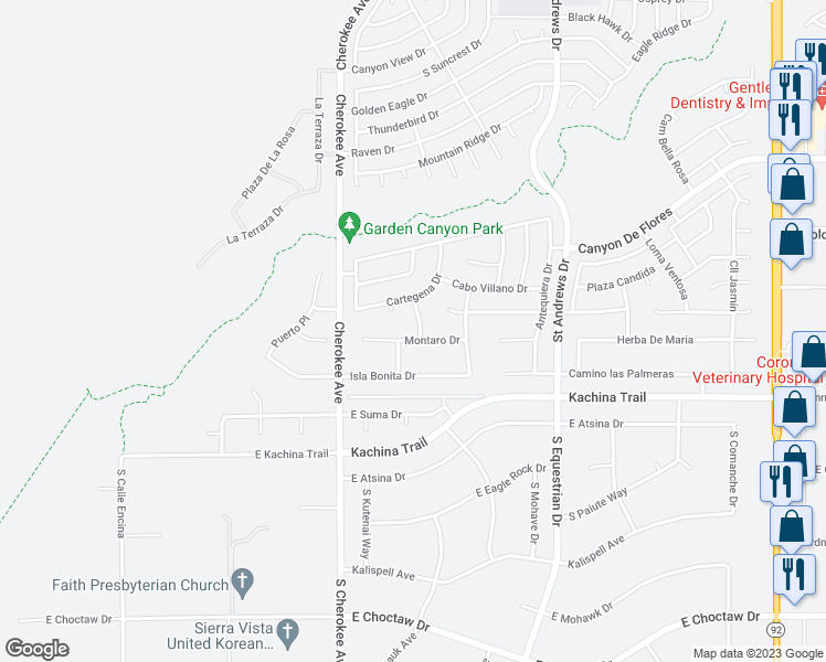 map of restaurants, bars, coffee shops, grocery stores, and more near 2647 Montaro Drive in Sierra Vista