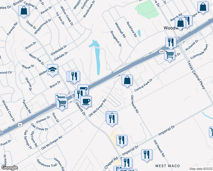 map of restaurants, bars, coffee shops, grocery stores, and more near 200 Landsborough Drive in Waco