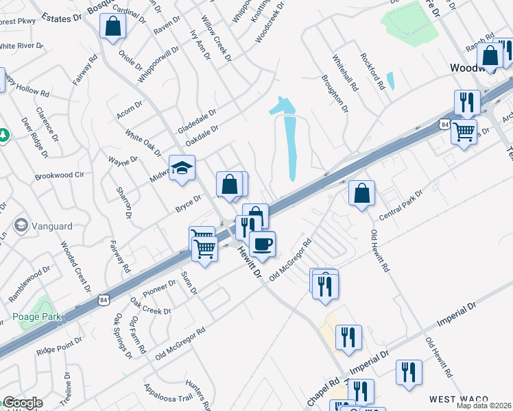 map of restaurants, bars, coffee shops, grocery stores, and more near 8901-9003 Woodway Drive in Woodway