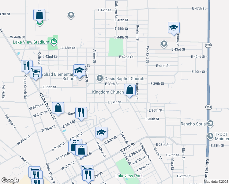 map of restaurants, bars, coffee shops, grocery stores, and more near 400-498 E 38th St in San Angelo