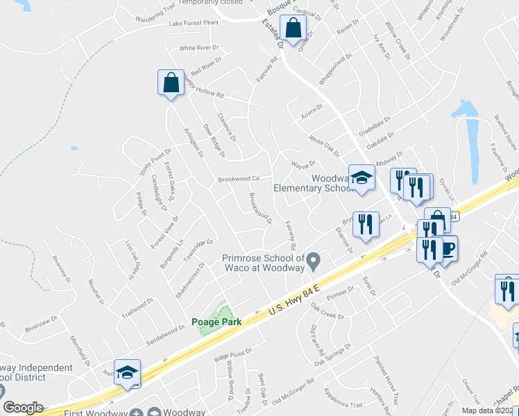 map of restaurants, bars, coffee shops, grocery stores, and more near 431 Brookwood Drive in Woodway