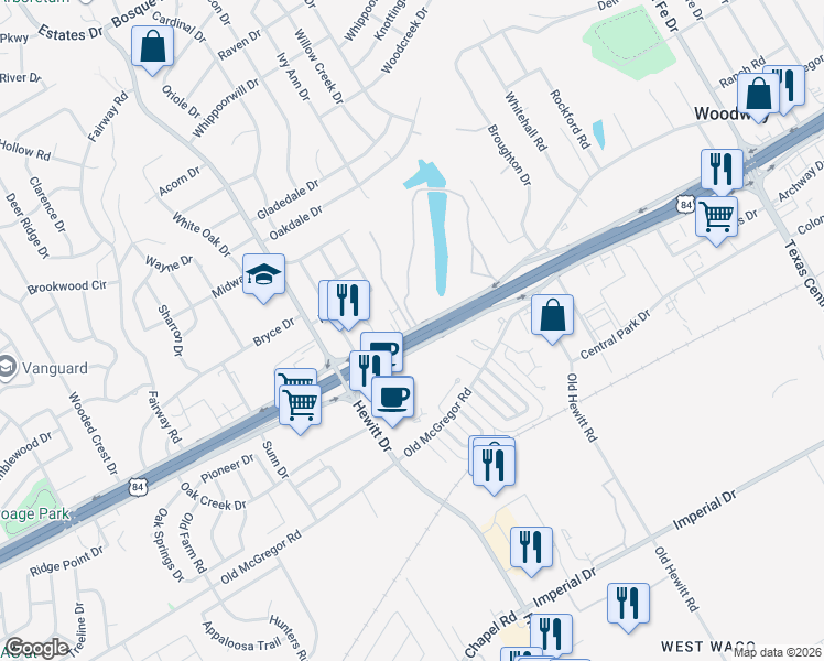 map of restaurants, bars, coffee shops, grocery stores, and more near 8901 Woodway Drive in Woodway