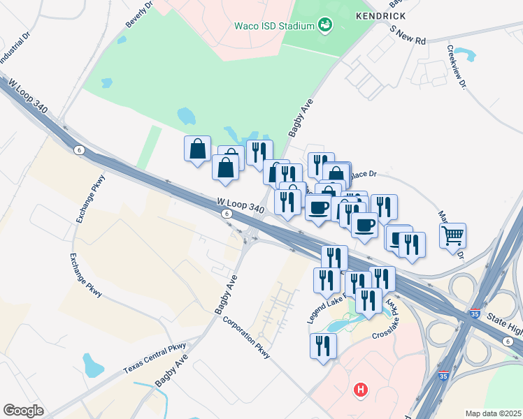 map of restaurants, bars, coffee shops, grocery stores, and more near State Highway 6 Freeway & Bagby Avenue in Waco