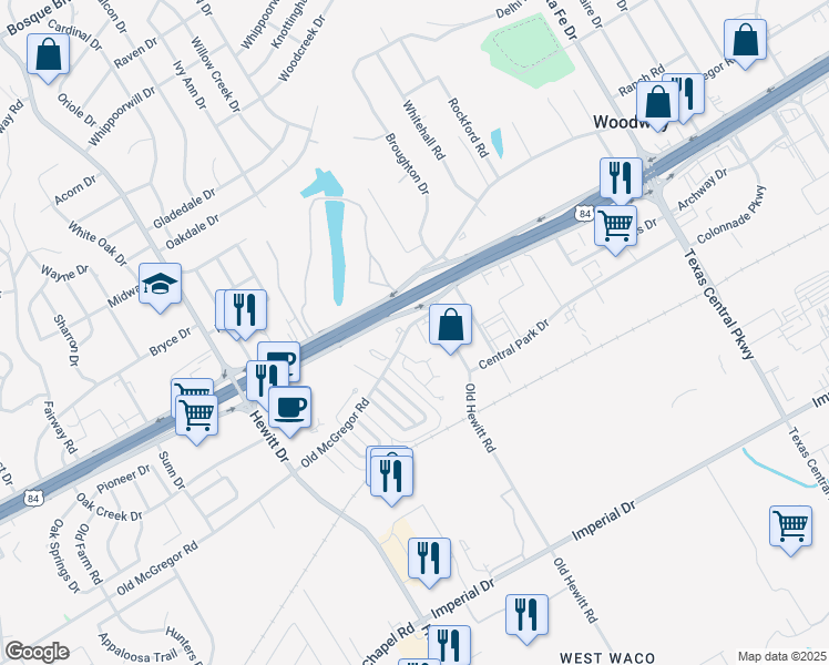 map of restaurants, bars, coffee shops, grocery stores, and more near 8414 Old McGregor Road in Waco